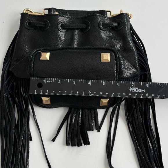 Brian Atwood Pippa Bucket Bag Black Metallic Mini Edgy Glam Western Fringe Boho - Picture 11 of 12
